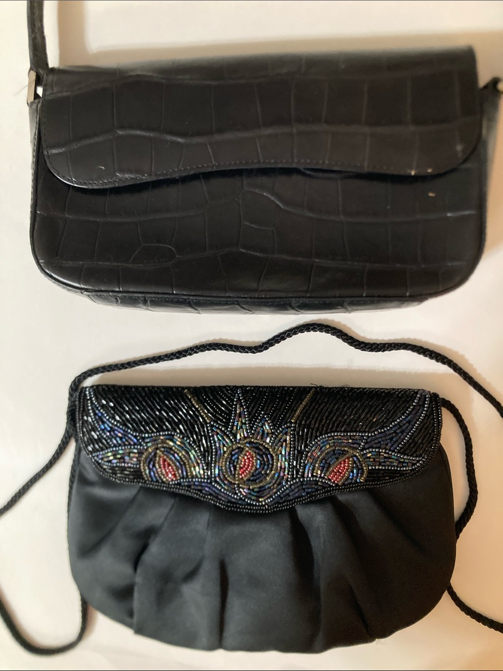 Lot of 2-Ann Taylor Black leather bag & Beaded satin Mini Shoulder Bag holidays